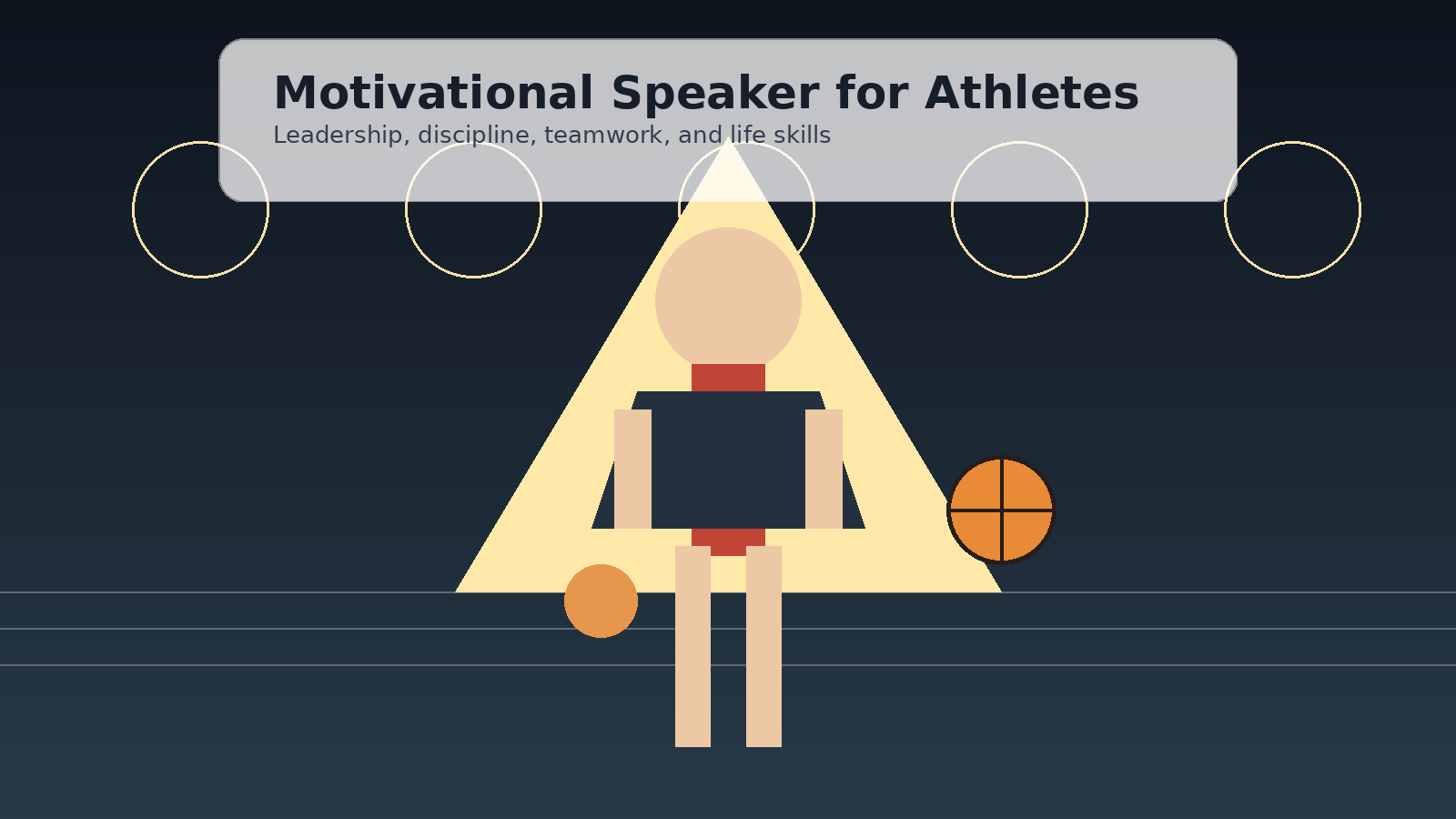 Athlete-inspired leadership speaker graphic with basketball and stage lighting