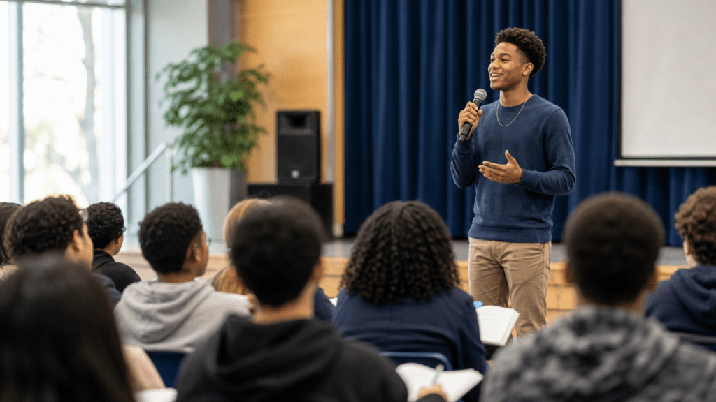 Youth speaker addressing students during a school leadership event