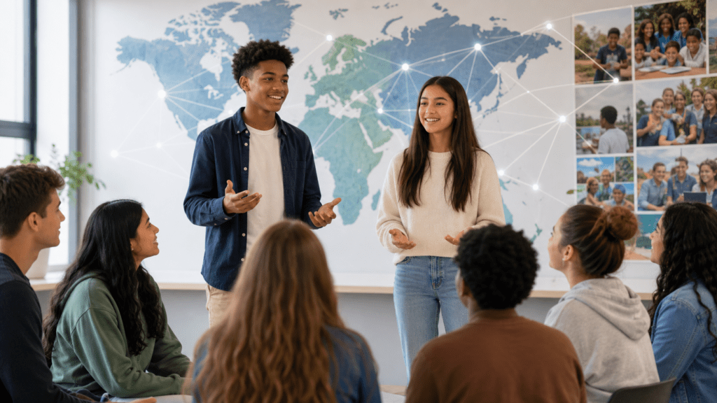 Two youth speakers presenting to a group in front of a world map backdrop