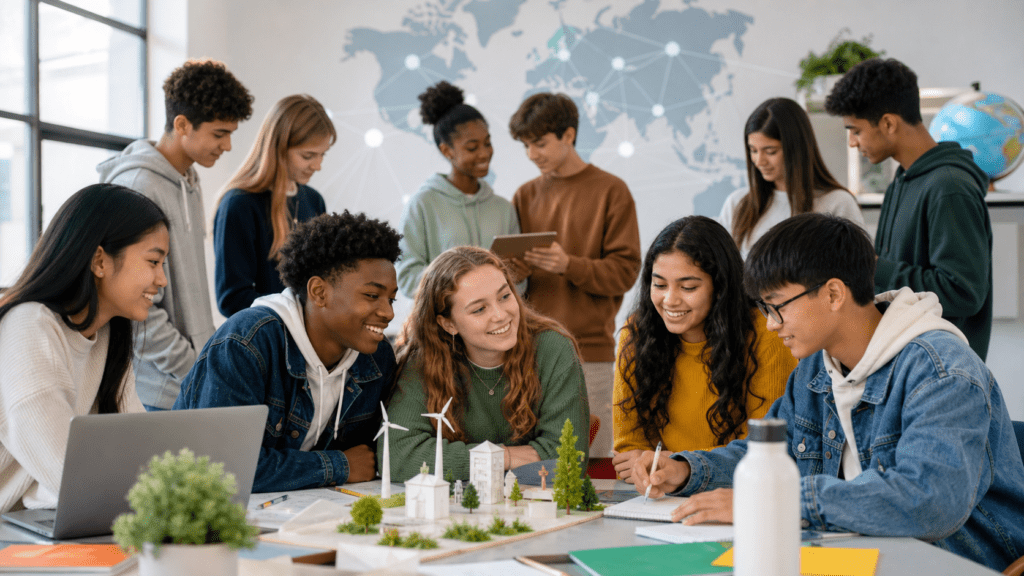 Diverse youth leaders collaborating in a community learning workshop with a subtle world map backdrop