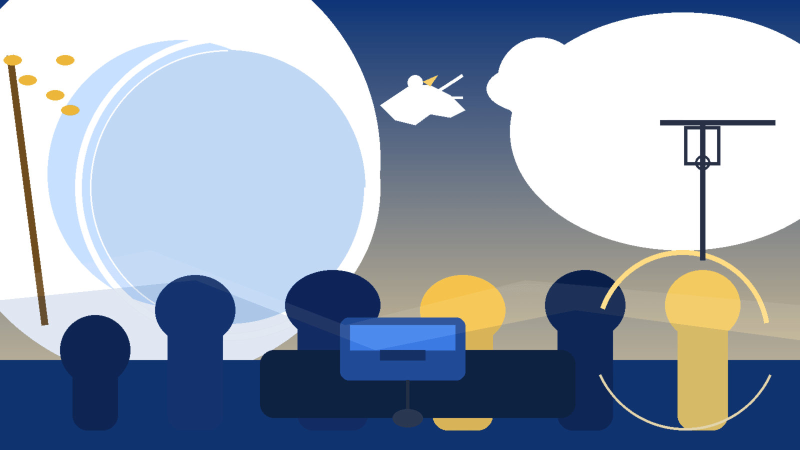 Illustration of youth leaders, a globe, a dove, media tools, and a basketball court for a Shooting For Peace article