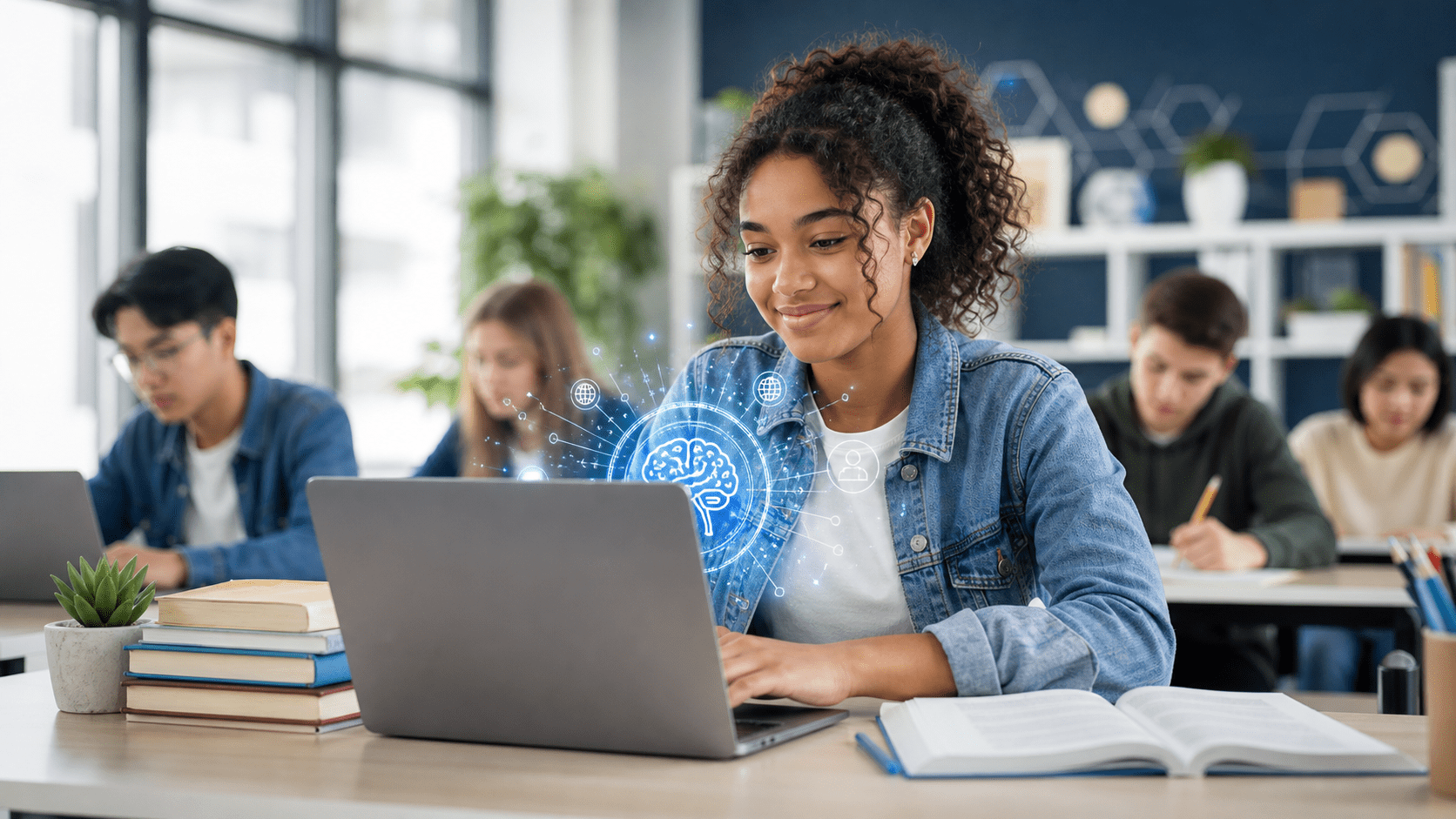 Student using a laptop in a modern classroom with AI learning glow