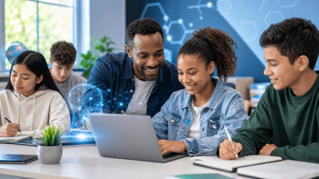 Student learning AI skills in a youth-safe classroom with laptop and books